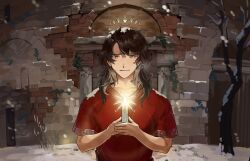 Rule 34 | 1boy, alternate costume, bare tree, black hair, breath, brick wall, brown eyes, candle, commentary request, constantine xi (fate), donkey fgo, fate/grand order, fate (series), grass, hair between eyes, highres, holding, holding candle, korean commentary, long hair, looking at viewer, male focus, notched neckline, parted lips, red shirt, shirt, short sleeves, smile, snow, snow on head, solo, tree, upper body