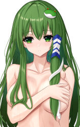 Rule 34 | 1girl, 7saki, areola slip, bad id, bad pixiv id, blush, breasts, closed mouth, collarbone, commentary, covering privates, covering breasts, expressionless, frog hair ornament, green eyes, green hair, hair between eyes, hair ornament, hair tubes, kochiya sanae, large breasts, looking to the side, nude, sidelocks, simple background, snake hair ornament, solo, standing, touhou, upper body, white background