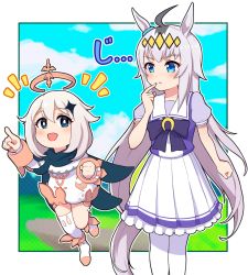 Rule 34 | 2girls, ahoge, animal ears, black eyes, black hair, blue eyes, blush, boots, commentary request, crossover, day, dress, feet out of frame, frilled skirt, frills, genshin impact, grey hair, hair between eyes, halo, highres, horse ears, horse girl, horse tail, knee boots, long hair, multicolored hair, multiple girls, notice lines, oguri cap (umamusume), paimon (genshin impact), pantyhose, parted lips, pleated skirt, puffy short sleeves, puffy sleeves, purple shirt, school uniform, shirt, short sleeves, single thighhigh, skirt, tail, takiki, thighhighs, thighhighs under boots, tracen school uniform, two-tone hair, umamusume, v-shaped eyebrows, very long hair, walking, white dress, white footwear, white skirt, white thighhighs