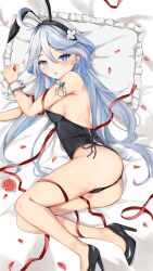 Rule 34 | 1girl, ahoge, alternate costume, animal ears, artist request, ass, bare shoulders, blue eyes, blue hair, blush, breasts, cameltoe, embarrassed, fake animal ears, furina (genshin impact), genshin impact, hairband, high heels, highres, leotard, long hair, looking at viewer, lying, medium breasts, multicolored hair, on side, open mouth, playboy bunny, rabbit ears, rabbit tail, ribbon, sideboob, solo, tail, very long hair, white hair