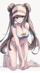 Rule 34 | 1girl, barefoot, blush, breasts, brown hair, cleavage, commentary, creatures (company), double bun, game freak, hair bun, huanxiang huifeng, long hair, looking at viewer, nintendo, pokemon, pokemon bw2, rosa (pokemon), simple background, solo, twintails, visor cap