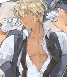 1boy amuro_tooru artist_name black_vest blonde_hair collarbone dreaming182 gloves grey_background gun highres lying male_focus meitantei_conan necktie on_back paper partially_unbuttoned shirt smile toned toned_male undone_necktie vest weapon white_gloves white_shirt