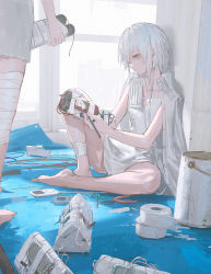 Rule 34 | 1girl, 1other, ambiguous gender, bandages, bandaged leg, bandages, barefoot, battery, blue eyes, bucket, cable, cellphone, closed mouth, collarbone, commentary request, day, dress, dress shirt, explosive, highres, holding, holding brush, knee up, looking away, mask, mask around one ear, unworn mask, mouth mask, on floor, original, phone, pliers, reoen, scissors, shirt, short hair, sitting, sketch, solo focus, standing, surgical mask, tape, tools, white dress, white hair, white shirt
