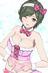 Rule 34 | 1girl, bare shoulders, breasts, brown eyes, cleavage, green hair, hair ornament, heart, heart hands, highres, large breasts, looking at viewer, mai (senran kagura), one eye closed, open mouth, senran kagura, senran kagura new link, senran kagura new wave, short hair, simple background, skirt, smile, solo, surippa1010, white background