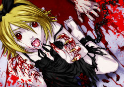 Rule 34 | 1girl, black dress, blonde hair, blood, claws, dress, flower, from above, hair ribbon, iga tomoteru, kagamine rin, kneeling, male hand, open mouth, petals, red eyes, ribbon, rose, short hair, solo, tears, vampire, vocaloid