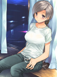 Rule 34 | 10s, 1girl, aaru (tenrake chaya), alcohol, blush, bra, breasts, casual, chitose (kancolle), collarbone, contemporary, cowboy shot, cup, curtains, denim, drinking glass, drunk, female focus, grey hair, highres, indoors, jeans, jewelry, kantai collection, lamppost, large breasts, light smile, long hair, looking at viewer, night, pants, ponytail, ring, scrunchie, see-through, shirt, short sleeves, sitting, smile, solo, swept bangs, t-shirt, taut clothes, taut shirt, underwear, wedding band, wet, wet clothes, wet shirt, window, windowsill