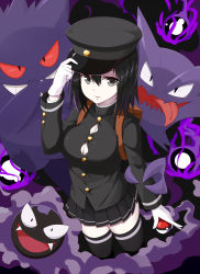 Rule 34 | 10s, 1girl, akitsu maru (kancolle), backpack, bad id, bad pixiv id, bag, black background, black hair, black skirt, black thighhighs, breasts, bursting breasts, creatures (company), evolutionary line, game freak, gastly, gen 1 pokemon, gengar, gloves, hat, hat tip, haunter, kantai collection, large breasts, long sleeves, looking at viewer, military, military hat, military uniform, nintendo, pale skin, peaked cap, pleated skirt, poke ball, poke ball (basic), pokemon, pokemon (creature), short hair, skirt, takehana note, thighhighs, uniform, white gloves