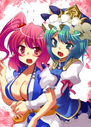 Rule 34 | 2girls, blush, breasts, cleavage, female focus, green eyes, green hair, hair bobbles, hair ornament, hat, highres, hug, hug from behind, large breasts, multiple girls, onozuka komachi, open mouth, red eyes, red hair, ribbon, saipin, shiki eiki, touhou, twintails, two side up, yuri