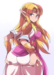 Rule 34 | 1girl, absurdres, abysswatchers, annoyed, ass, ass grab, blonde hair, blue eyes, blush, breasts, circlet, deep skin, dress, earrings, from behind, highres, jewelry, long hair, looking at viewer, looking back, medium breasts, nintendo, pointy ears, princess zelda, shiny clothes, shiny skin, sideboob, solo, super smash bros., the legend of zelda, the legend of zelda: a link between worlds, very long hair