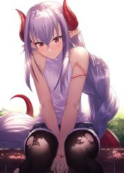 Rule 34 | 1girl, backlighting, bare shoulders, between legs, blue shorts, blush, braid, closed mouth, crossed bangs, denim, denim shorts, fur-trimmed shorts, fur trim, hair between eyes, hand between legs, head tilt, horns, ibuki notsu, long hair, looking at viewer, melusine (ibuki notsu), original, pantyhose, pointy ears, purple hair, red eyes, ribbed sweater, shorts, single braid, sitting, slit pupils, solo, sweater, sweater vest, tail, torn clothes, torn pantyhose, v arms, very long hair, white sweater