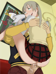 Rule 34 | 00s, ahegao, ass, blonde hair, censored, clothed sex, clothes lift, cum, fucked silly, green eyes, happy sex, held up, ice place, maka albarn, orgasm, painting (action), school uniform, sex, skirt, skirt lift, smile, soul eater, soul evans, sweater, vaginal, white hair