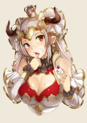 Rule 34 | 1girl, absurdres, aliza (granblue fantasy), breasts, cake, cleavage, cleavage cutout, clothing cutout, crown, detached sleeves, draph, earrings, eating, food, food on face, granblue fantasy, hair ornament, hair pulled back, headgear, highres, horns, jewelry, large breasts, licking, mini crown, open mouth, parted bangs, pointy ears, red eyes, silver hair, simple background, solo, tongue, tongue out, upper body, wakamesan