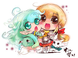 Rule 34 | 2girls, aqua eyes, aqua hair, bad id, bad pixiv id, blonde hair, blush, brown eyes, chibi, flat chest, fortune quest, green eyes, green hair, happy, long hair, looking at viewer, multiple girls, open mouth, original, pastel (fortune quest), pointy ears, rumy (fortune quest), shiro (fortune quest), simple background, smile, thighhighs, usoneko, white background, zettai ryouiki