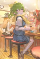Rule 34 | 3girls, absurdres, alcohol, apron, australopithecus (cookie), bag, bar (place), black dress, blouse, blue eyes, blue skirt, blue vest, blush, boots, bow, bowl, brown footwear, clock, colored skin, commentary request, cookie (touhou), cup, daiyousei, detached sleeves, diyusi (cookie), dress, food, fox tail, frilled bow, frills, from behind, full body, green hair, hair bow, hair tubes, hakonnbo, hakurei reimu, highres, hinase (cookie), holding, holding cup, holding phone, indoors, izakaya, kirisame marisa, layered sleeves, long hair, long sleeves, looking at viewer, looking back, medium hair, multiple girls, noodles, nose blush, open mouth, phone, poster (object), ramen, red bow, red shirt, ribbon-trimmed sleeves, ribbon trim, sake, scarf, shirt, shoes, short over long sleeves, short sleeves, sitting, skirt, skirt set, sleeveless, sleeveless shirt, socks, solo focus, standing, steam, stool, tail, touhou, tray, vest, waist apron, white legwear, white shirt, white skin, white sleeves, yellow bow, yellow scarf, yuyusu (cookie)