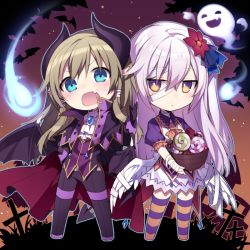 Rule 34 | 2girls, bandages, blonde hair, blue eyes, brown eyes, candy, chibi, fang, food, gloves, halloween, hijiri (resetter), horns, long hair, multiple girls, open mouth, original, pointy ears, silver hair, striped clothes, striped legwear, striped thighhighs, tail, thighhighs, wings