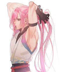 1boy, armband, armpits, arms up, artist name, black gloves, cherry blossom (sk8), dated, gloves, hair tie in mouth, long hair, male focus, mouth hold, pink hair, shinemoe, signature, sk8 the infinity, solo, very long hair, white background