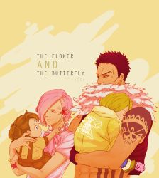Rule 34 | 2boys, 2girls, abs, age difference, aged down, artist name, black hair, blonde hair, brother and sister, brown hair, charlotte katakuri, charlotte pudding, child, closed eyes, coat, flower, gloves, hair flower, hair ornament, hair over one eye, jolly roger, k164, long hair, multiple boys, multiple girls, one piece, pink hair, sanji (one piece), scar, scarf, shoulder tattoo, siblings, simple background, sleeping, tattoo, twintails, upper body, vinsmoke reiju, yellow background