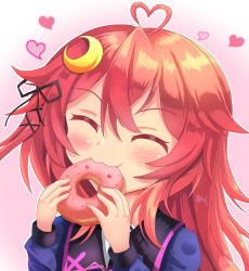 Rule 34 | 1girl, :3, ^ ^, ahoge, black ribbon, blue shirt, blush, closed eyes, closed mouth, commentary request, crescent, crescent hair ornament, doughnut, eating, facing viewer, food, gradient background, hair between eyes, hair ornament, hair ribbon, hands up, heart, heart ahoge, holding, holding food, kantai collection, long hair, long sleeves, pink background, puffy long sleeves, puffy sleeves, red hair, ribbon, shirt, sills, solo, upper body, uzuki (kancolle), white background