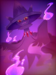 Rule 34 | :3, chest jewel, colored sclera, creatures (company), dutch angle, fire, floating, full body, game freak, gem, gen 4 pokemon, hat, highres, looking down, mismagius, nintendo, no humans, open mouth, pokemon, pokemon (creature), purple background, purple fire, purple hat, purple theme, red eyes, red gemstone, rize (r), solo, straight-on, witch hat, yellow sclera