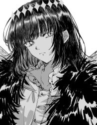 Rule 34 | 1boy, arthropod boy, cape, collared shirt, crown, diamond hairband, expressionless, fate/grand order, fate (series), fur-trimmed cape, fur trim, grey hair, insect wings, looking at viewer, male focus, medium hair, monochrome, oberon (fate), oberon (third ascension) (fate), shirt, simple background, solo, sunanogimo, upper body, white background, white shirt, wings