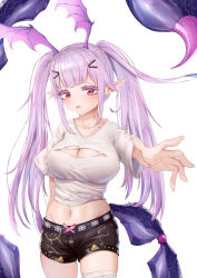Rule 34 | 1girl, absurdres, arknights, bandaged leg, bandages, black shorts, breasts, cleavage, cleavage cutout, clothing cutout, commentary request, cowboy shot, crop top, groin, hair ornament, hairclip, head wings, highres, large breasts, lewenxijian, looking at viewer, manticore (arknights), midriff, navel, open mouth, pointy ears, purple eyes, purple hair, scorpion tail, shirt, short hair, short shorts, shorts, sidelocks, simple background, solo, standing, stomach, tail, thighs, twintails, white background, white shirt, wings