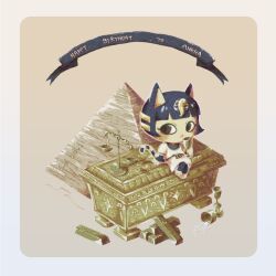 Rule 34 | 1girl, animal crossing, ankha (animal crossing), banner, birthday, blue eyes, blue hair, bob cut, border, cat, crossed legs, cup, dress, drinking glass, gold, gold bar, grey border, highres, nintendo, open mouth, pyramid (structure), sarcophagus, scales, short hair, sitting, solo, striped tail, tail, usekh collar, yellow background, youcing