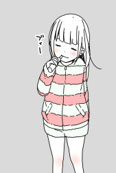 Rule 34 | 1girl, alternate hairstyle, arm behind back, blunt bangs, blush, brushing teeth, casual, closed eyes, commentary request, cowboy shot, dot nose, facing viewer, grey background, hair down, hand up, highres, hitoribocchi no marumaru seikatsu, holding, holding toothbrush, honshou aru, jacket, katsuwo (cr66g), long hair, long sleeves, loungewear, multicolored clothes, multicolored jacket, partially colored, pink jacket, shorts, simple background, solo, standing, striped clothes, striped jacket, toothbrush, toothbrush in mouth, two-tone jacket, white jacket, zipper