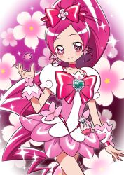 Rule 34 | 1girl, brooch, bun (jewd5385), cherry blossoms, choker, cure blossom, dress, earrings, flower earrings, hanasaki tsubomi, heart, heart brooch, heartcatch precure!, high ponytail, highres, jewelry, long hair, magical girl, petals, pink background, pink choker, pink dress, pink theme, precure, puffy sleeves, smile, solo