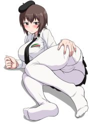 Rule 34 | 10s, 1girl, alternate costume, beret, black skirt, blush, breasts, brown eyes, brown hair, dress shirt, girls und panzer, hand on own ass, hat, large breasts, long sleeves, lying, mimuni362, miniskirt, nishizumi maho, no shoes, on side, panties, panties under pantyhose, pantyhose, pleated skirt, shirt, short hair, simple background, skirt, solo, underwear, white background, white pantyhose, white shirt