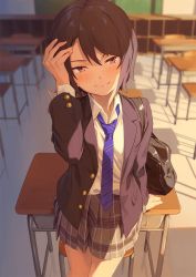 Rule 34 | 1girl, arm up, bad id, bad twitter id, bag, black hair, blazer, blue necktie, blurry, blush, brown eyes, classroom, closed mouth, collared shirt, depth of field, desk, dress shirt, evening, grey skirt, hair between eyes, half-closed eyes, indoors, jacket, kinta (distortion), leaning on object, light smile, looking at viewer, necktie, open clothes, open jacket, original, plaid, plaid skirt, pleated skirt, school, school bag, school desk, school uniform, shirt, short hair, skirt, smile, solo, striped necktie, striped neckwear, swept bangs, tsurime, white shirt