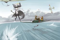 Rule 34 | 10s, 2girls, abyssal ship, aircraft, airplane, bodysuit, cane, cape, cloud, cloudy sky, day, fairy (kancolle), flying, gloves, kantai collection, long hair, minase (takaoka nanase), multiple girls, ocean, pale skin, propeller, ryuusei (kancolle), silver hair, sky, standing, standing on liquid, tomonaga (fairy), tomonaga squadron pilot (kancolle), torpedo, wo-class aircraft carrier