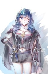 Rule 34 | 1girl, armor, blue eyes, blue hair, breasts, byleth (female) (fire emblem), byleth (fire emblem), cape, fire emblem, fire emblem: three houses, highres, liefe, long hair, looking at viewer, medium breasts, navel, nintendo, one eye closed, shorts, simple background, smile, solo, standing, uniform, white background