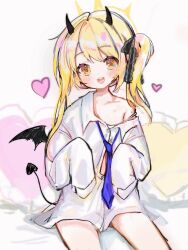 Rule 34 | 10 04ten, 1girl, :d, black horns, black tail, blonde hair, blue archive, blue necktie, collarbone, demon horns, demon tail, demon wings, halo, heart, heart-shaped pillow, highres, horns, ibuki (blue archive), looking at viewer, naked shirt, necktie, open mouth, oversized clothes, oversized shirt, pillow, shirt, shirt slip, sleeves past wrists, smile, solo, tagme, tail, white shirt, wings, yellow eyes, yellow halo