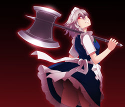 Rule 34 | 1girl, apron, ass, aura, axe, bad id, bad pixiv id, battle axe, blue dress, braid, commentary request, dress, grey hair, hayashi custom, highres, izayoi sakuya, light trail, looking at viewer, maid, maid apron, maid headdress, red eyes, short sleeves, smile, solo, thighhighs, thighs, touhou, twin braids, upskirt, waist apron, weapon, white thighhighs