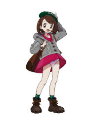 Rule 34 | 1girl, :d, backpack, bag, bob cut, boots, brown bag, brown eyes, brown footwear, brown hair, buttons, cable knit, cameltoe, cardigan, collarbone, collared dress, commentary request, creatures (company), dress, eyelashes, full body, game freak, gloria (pokemon), green hat, green socks, grey cardigan, hand on headwear, hat, highres, hokoro, holding strap, hooded cardigan, knees, looking at viewer, nintendo, open mouth, panties, pantyshot, pink dress, plaid, plaid legwear, pokemon, pokemon swsh, short hair, simple background, smile, socks, solo, standing, tam o&#039; shanter, tongue, underwear, white background