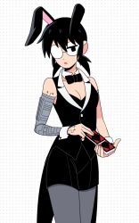 Rule 34 | 1girl, animal ears, black bow, black bowtie, black coat, black eyes, black hair, black skirt, bow, bowtie, breasts, card, cleavage, coat, commentary request, cyborg, detached collar, glasses, grey pantyhose, hasami (hasami25), holding, holding card, lynette guycott, mechanical arms, miniskirt, nontraditional playboy bunny, opaque glasses, pantyhose, partially opaque glasses, playing card, rabbit ears, scott pilgrim (series), single mechanical arm, skirt, small breasts, solo, wrist cuffs
