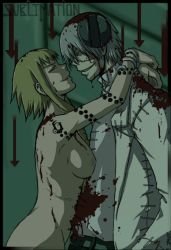Rule 34 | 00s, 1boy, 1girl, blonde hair, blood, breasts, franken stein (soul eater), eye contact, from side, grey hair, lab coat, looking at another, medusa gorgon, nipples, nude, scar, sideboob, snake, soul eater, stitches, tattoo