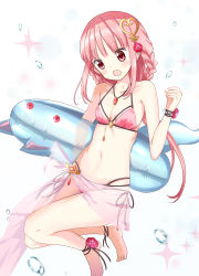 Rule 34 | 1girl, alternate hairstyle, anklet, barefoot, bikini, blush, bracelet, braid, breasts, commentary, floating, hair ornament, halterneck, highres, holding, holding swim ring, innertube, jewelry, kyubey, legs up, long hair, magia record: mahou shoujo madoka magica gaiden, mahou shoujo madoka magica, multi-strapped bikini bottom, multi-strapped bikini top, navel, necklace, open mouth, pink bikini, pink eyes, pink hair, pink sarong, rikopin, small breasts, solo, soul gem, swim ring, swimsuit, tamaki iroha, tamaki iroha (swimsuit ver.), water drop