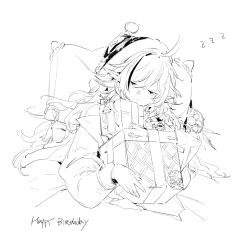 Rule 34 | 1girl, ahoge, alternate costume, arknights, bobblehat, box, chuzenji, closed eyes, closed mouth, commentary, eyebrows hidden by hair, gift, gift box, greyscale, happy birthday, highres, holding, holding gift, long sleeves, lying, monochrome, on back, pillow, pointy ears, simple background, sleeping, solo, symbol-only commentary, tomimi (arknights), white background, zzz