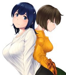 Rule 34 | absurdres, alternate costume, back-to-back, black pants, blue eyes, blue hair, blush, breasts, brown hair, brown jacket, casual, clothes around waist, green pants, hair down, hair ornament, hairclip, highres, hiryuu (kancolle), jacket, jacket around waist, kantai collection, large breasts, looking at viewer, looking away, official alternate costume, one side up, orange sweater, pants, plaid, plaid jacket, ribbed sweater, short hair, simple background, smile, souryuu (kancolle), sweater, wa (genryusui), white background, white sweater