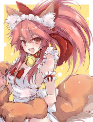 Rule 34 | 1girl, animal ears, animal hands, apron, bell, blush, breasts, cleavage, collar, fate/grand order, fate (series), fox ears, fox tail, hair ribbon, large breasts, long hair, looking at viewer, maid headdress, naked apron, neck bell, open mouth, pink hair, ribbon, solo, tail, tamamo (fate), tamamo cat (fate), tamamo cat (third ascension) (fate), tamamo no mae (fate/extra), yellow eyes, yumesato makura