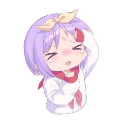 Rule 34 | &gt; &lt;, 1girl, :3, :d, blush, chibi, furrowed brow, hiiragi tsukasa, jiyasu, long sleeves, lucky star, neckerchief, nose blush, open mouth, parted bangs, pink neckerchief, puffy long sleeves, puffy sleeves, purple hair, red sailor collar, ryouou school uniform, sailor collar, school uniform, serafuku, shirt, short hair, simple background, smile, solo, tears, white background, white shirt