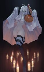 Rule 34 | 1girl, absurdres, ahoge, artist name, asymmetrical legwear, black thighhighs, blonde hair, breasts, candle, candlelight, censored, commentary, eonsang, food, full body, ghost costume, girls&#039; frontline, hair ribbon, hands up, heart, heart censor, highres, holding, holding food, holding pumpkin, holding vegetable, kalina (girls&#039; frontline), large breasts, leg up, navel, pumpkin, red ribbon, ribbon, see-through silhouette, side ponytail, skindentation, solo, standing, standing on one leg, striped clothes, striped thighhighs, symbol-only commentary, thighhighs, underboob, vegetable, white thighhighs