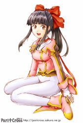 Rule 34 | 00s, 1girl, ankle boots, artist name, black hair, boots, bow, brown eyes, fingerless gloves, gloves, hair bow, jacket, long hair, looking at viewer, military, military uniform, open mouth, pants, paricross, pink footwear, ponytail, red bow, sakura taisen, shinguuji sakura, simple background, sitting, smile, solo, tight clothes, tight pants, uniform, wariza, watermark, web address, white background, white pants