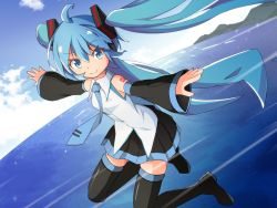 Rule 34 | &gt;:), 1girl, ahoge, bare shoulders, black footwear, black skirt, black sleeves, black thighhighs, blue eyes, blue hair, blue necktie, blue sky, boots, breasts, closed mouth, cloud, collared shirt, commentary, day, detached sleeves, hair between eyes, hair ornament, hatsune miku, horizon, long hair, long sleeves, mamagogo (gomaep), necktie, ocean, outdoors, pleated skirt, shirt, skirt, sky, sleeveless, sleeveless shirt, sleeves past wrists, small breasts, smile, solo, sparkle, thigh boots, thighhighs, tie clip, twintails, v-shaped eyebrows, very long hair, vocaloid, water, white shirt, wide sleeves
