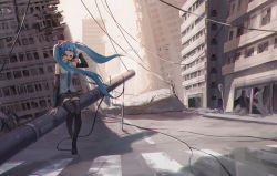Rule 34 | 1girl, aqua eyes, aqua hair, bare shoulders, bird, black skirt, black thighhighs, blue eyes, blue hair, blue necktie, boots, broken window, building, city, commentary, commentary request, detached sleeves, hair ornament, hatsune miku, hatsune miku (vocaloid4), highres, long hair, long sleeves, necktie, nekoreito, open mouth, post-apocalypse, power lines, road, road sign, ruins, scenery, shirt, sign, sitting, skirt, skyscraper, solo, thigh boots, thighhighs, twintails, utility pole, very long hair, vocaloid