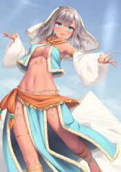 Rule 34 | 1girl, anklet, armpits, bare shoulders, blue skirt, breasts, cleavage, dancer, dark-skinned female, dark skin, detached sleeves, fringe trim, fur trim, green eyes, grey hair, highres, jewelry, medium breasts, midriff, navel, open mouth, original, outstretched arm, pelvic curtain, revealing clothes, sasaame, skirt, smile, solo, stomach, thighlet, thighs, veil, wide sleeves