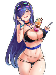Rule 34 | 1girl, :d, azur lane, bare shoulders, bead bracelet, beads, bikini, black bikini, black choker, blue hair, blue ribbon, bracelet, breasts, choker, cleavage, cowboy shot, cup, drinking glass, eyewear on head, groin, hair over one eye, hand up, hm (hmongt), holding, jewelry, large breasts, long hair, looking at viewer, multi-strapped bikini, navel, o-ring, o-ring bikini, object on breast, open mouth, red eyes, ribbon, simple background, smile, solo, spoon, stomach, string bikini, sunglasses, swimsuit, thighs, trento (azur lane), trento (summer&#039;s hotness?) (azur lane), very long hair, white background