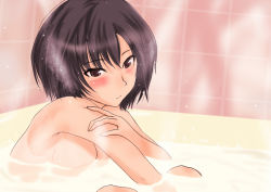 Rule 34 | 1girl, amagami, bath, bathing, black hair, blush, bob cut, brown eyes, completely nude, murasaki iro, nanasaki ai, nude, short hair, shower, solo, steam, wet