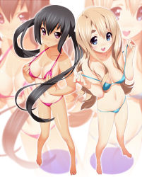 Rule 34 | 2girls, alternate breast size, areola slip, bare shoulders, barefoot, bikini, bikini pull, black hair, blonde hair, blue bikini, blue eyes, blush, breasts, cleavage, clothes pull, covering privates, covering breasts, from above, highres, itou ben, k-on!, kotobuki tsumugi, large breasts, long hair, looking up, midriff, multiple girls, nakano azusa, navel, one-piece tan, open mouth, pink bikini, pink eyes, pulling own clothes, round teeth, smile, swimsuit, tan, tanline, teeth, twintails, zoom layer